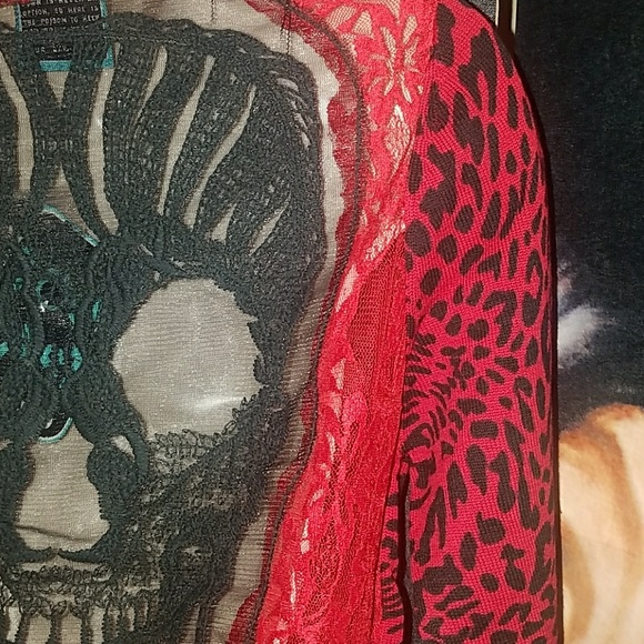 Too Fast Red Leopard Cardigan w Black Gothic Skull Lace Back Red Ruffle Trim - Picture 5 of 8